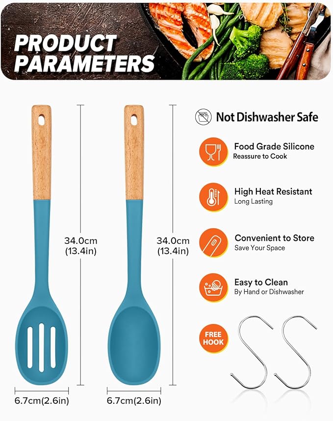Silicone Cooking Spoons, Great for Scooping Sides and Serving Hearty Stews, BPA-Free Matte Silicone, Wooden Handle Serving Spoon for Nonstick Cooking Surfaces (Blue)-Ruum Studio Home