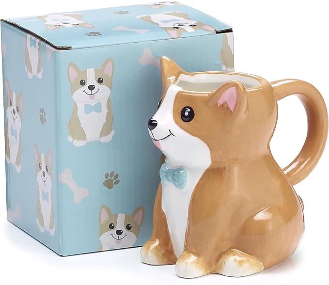Burton Corgi Coffee Mug with Gift Box, Brown Porcelain Ceramic Cup with Handle, 10 oz Capacity-Ruum Studio Home