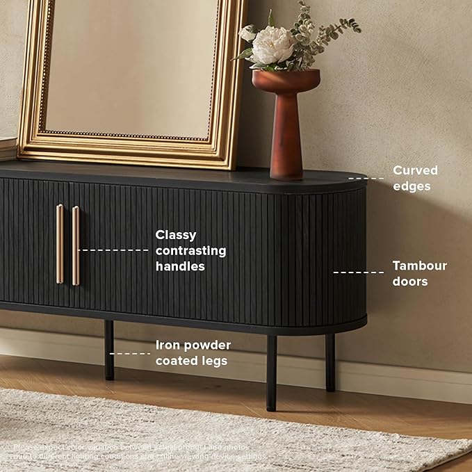 mopio Quin TV Stand, Mid Century Modern for 55/60/65 inch TV, Farmhouse TV Stand, Entertainment Center with Storage, TV and Media Console for Living Room (Black, 59" Tambour)-Ruum Studio Home