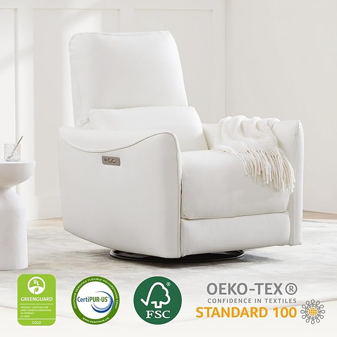 CHITA Power Recliner Chair Swivel Glider, FSC Certified Upholstered Faux Leather Living Room Nursery Reclining Sofa Chair with Lumbar Support, White-Ruum Studio Home