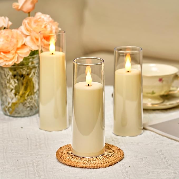 Amagic Ivory Flameless Candles with Remote, Battery Operated Candles with Timer, Acrylic Plexiglass Flickering LED Fake Candle for Wedding, Holiday, Home Decor, Set of 9, D2.2 x H5 6" 7"-Ruum Studio Home