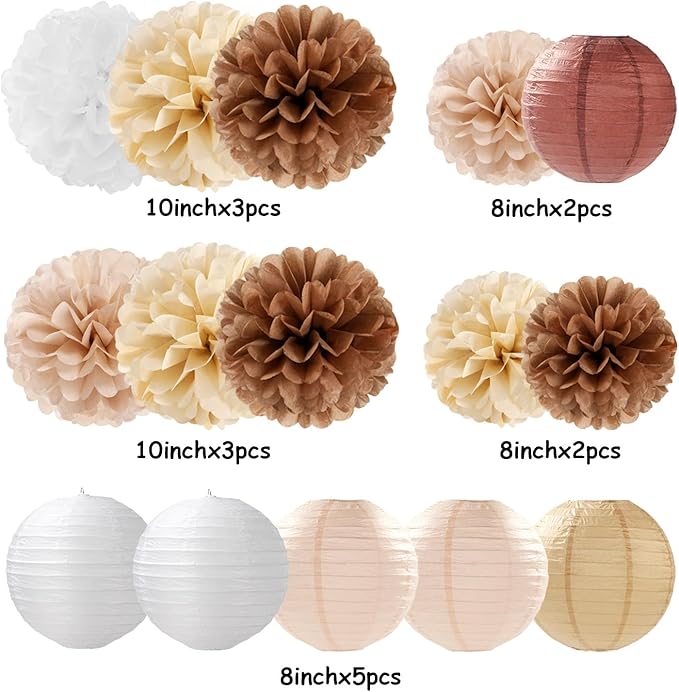 Boho Rustic Wedding Party-Decorations Paper Flowers Lanterns - 15PCS Fall Baby Shower Gender Neutral Streamers,Brown Champagne White Tissue Pom Poms,Autumn Birthday Bridal Decor Hugfond-Ruum Studio Home