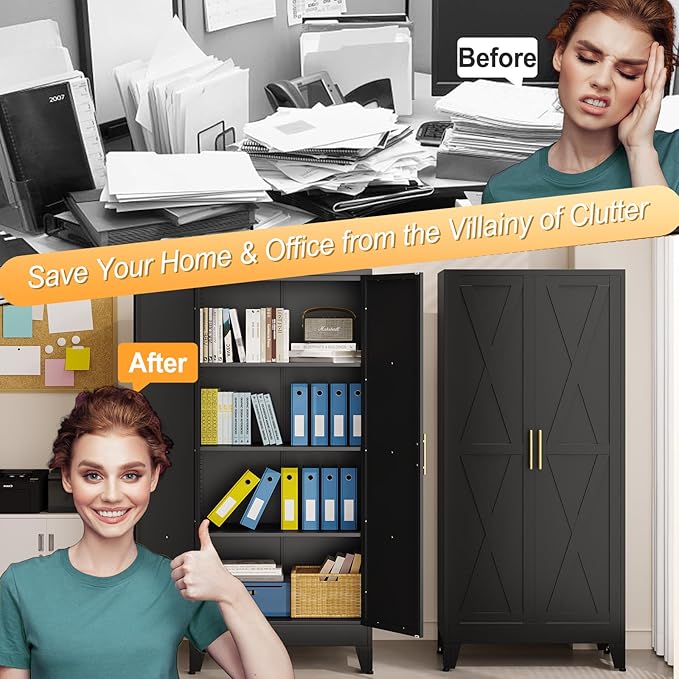 61" H Metal Kitchen Pantry Storage Cabinet, Freestanding Cupboard with 2 Doors and 3 Adjustable Shelves, Standing Storage for Kitchen, Bathroom, Garage, Dinning Room or Utility Room（Black）-Ruum Studio Home