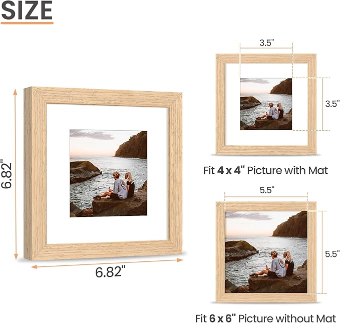 upsimples 6x6 Picture Frame, Natural Solid Wooden Picture Frames, Display 4x4 with Mat or 6 x 6 Without Mat, Wall or Tabletop, 1 Pack, Natural-Ruum Studio Home