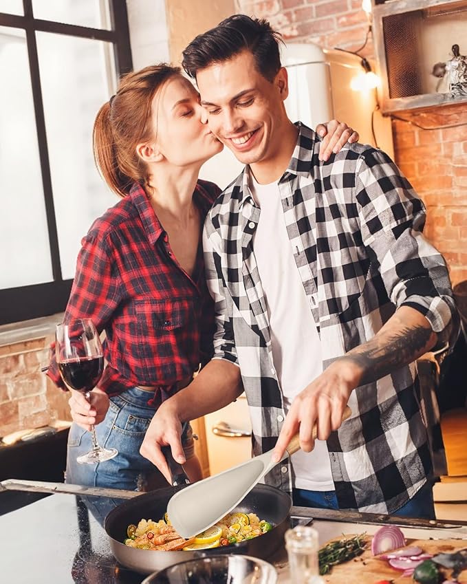 Cooking Spoon and Scraper for Nonstick Cookwares, Great for Cooking and Serving Durable BPA-Free Matte Silicone, Wood Handle Multifunction Spoon for Mixing, Scoop, and Scrape (KHAKI)-Ruum Studio Home