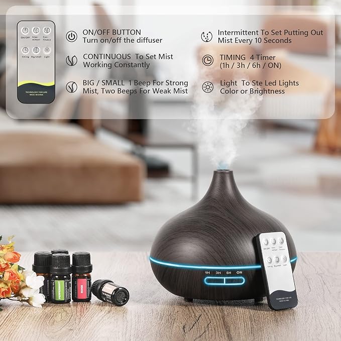 SACATR Aroma Diffiser with Essential Oils Set, 550 ML Essential Oil Diffuser with Remote, Ultrasonic Technology Aromatherapy Diffusers Auto Shut-Off for Office, Home-Ruum Studio Home