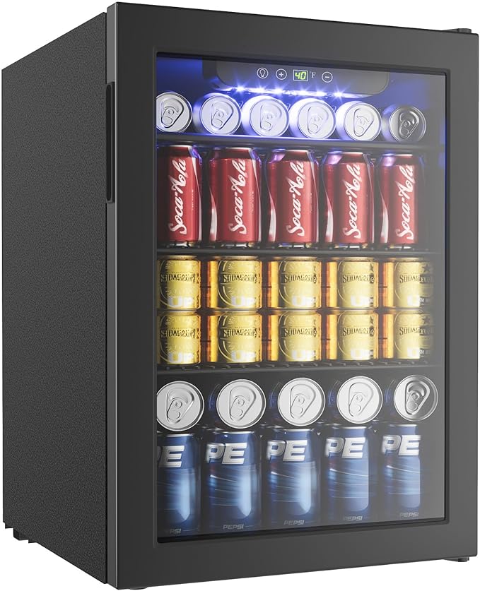 EUHOMY 100 Can Beverage Refrigerator cooler-Mini Fridge Glass Door for Beer Drinks Wines, Freestanding Beverage Fridge with Adjustable Shelves Blue LED for Home/Office/Dorm/Bar, 2.7 cu.ft-Ruum Studio Home
