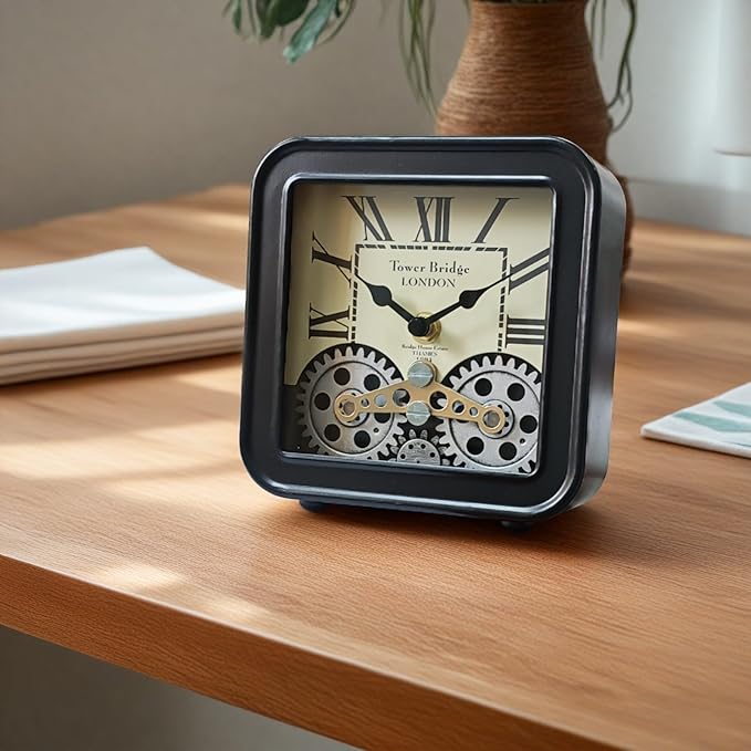 Desk Clock Vintage Metal Table Clocks with Moving Gears, Silent Retro Industrial Steampunk Quartz Small 6 inch End Table Clock for Home Office Living Room Decor Battery Operated (Black)-Ruum Studio Home