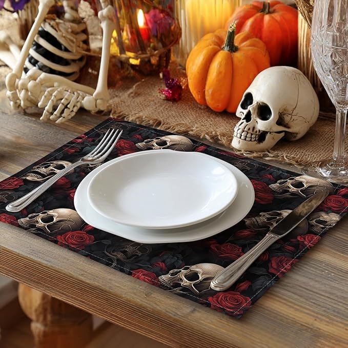 Halloween Skull Rose Placemats, Washable Heat Resistant 12×18 Inch Table Mats Floral Place Mats for Party Outdoor Decoration Kitchen Dining Décor-Ruum Studio Home