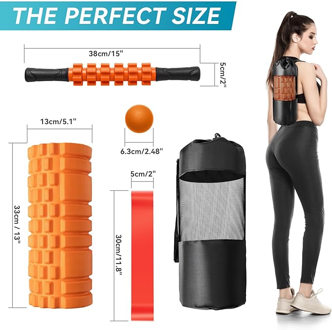 5 in 1 Foam Roller Set for Deep Tissue Muscle Massage, Trigger Point Fitness Exercise Foam Roller, Massage Roller, Massage Ball, Stretching Strap, for Whole Body (Orange Black)-Ruum Studio Home