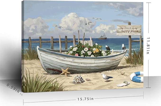 amatop Coastal Wall Art– Beach Scene Picture with Boat on Sandy Shore, Flowers and Sea Birds, Blue Ocean Seascape Themed Canvas Print Nautical Artwork for Bathroom and Bedroom Decor, Small 16x12 Inch-Ruum Studio Home