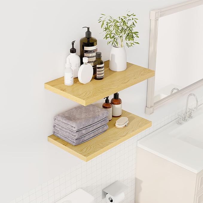 24" Floating Shelves for Wall, 12" Deep Slim Oak Floating Shelves, Wall-Mounted Shelves for Bedroom, Living Room, Kitchen, Bathroom - Set of 2-Ruum Studio Home