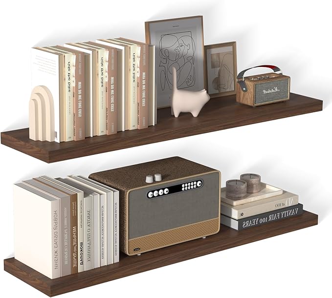 48 Inch Floating Shelf 2 Pack Large Floating Shelves for Wall No Drilling Accessories Included Deep Wall Shelves for Living Room Kitchen Farmhouse 48" W x 12" D x 1.2" Walnut-Ruum Studio Home