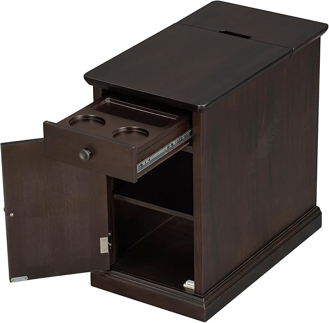 Traditional Wood End Table with Charging Station, Modern Vintage Sofa Chair Side Table Nightstand with Storage & Drawer for Living Room Bedroom, No Assembly, Antique Espresso-Ruum Studio Home