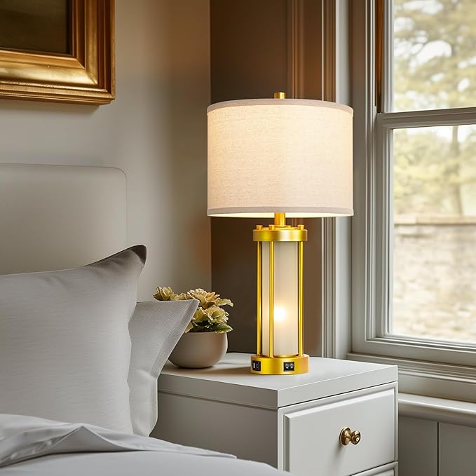 RORIA Modern Table Lamps for Living Room Set of 2, Farmhouse Bedroom Lamps for Nightstands with Dual USB Ports, Gold Bedside Lamps with White Frosted Glass Nightlight, 4 Bulbs Includes (Gold)-Ruum Studio Home