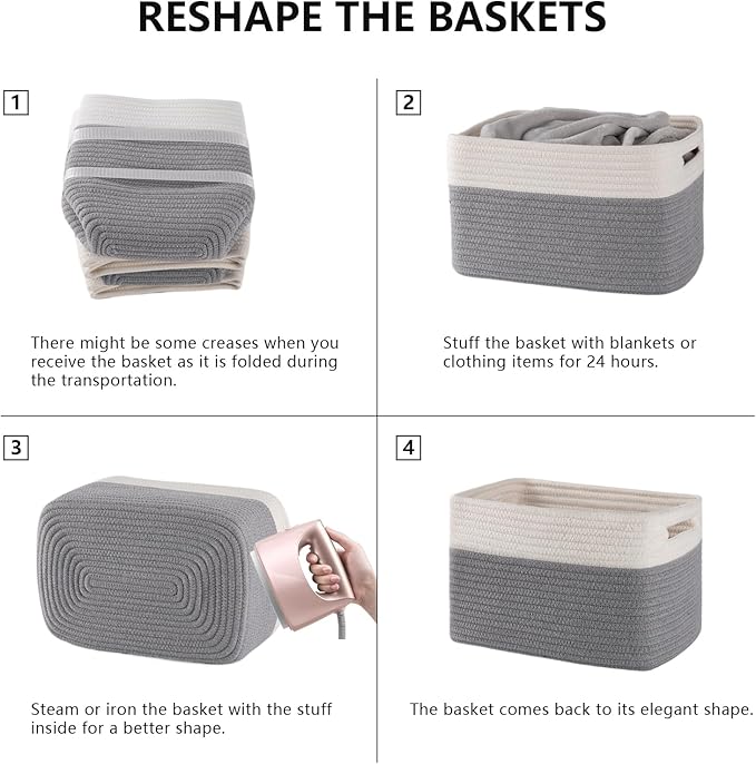 4 Pack Storage Baskets for Organizing, Woven Baskets for Shelves - Perfect for Toys, Books, Towels, and Clothes, Durable Gift Basket Bins Toy Storage, 12.7''L x9''W x7.8''H, Grey and White-Ruum Studio Home