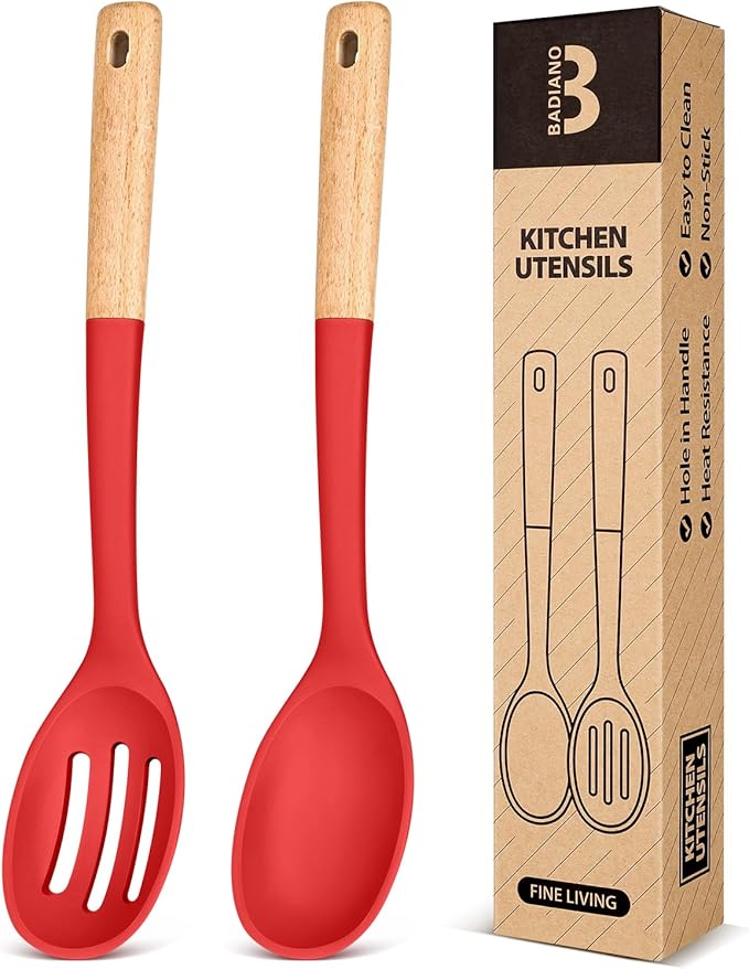 Silicone Cooking Spoons, Great for Scooping Sides and Serving Hearty Stews, BPA-Free Matte Silicone, Wooden Handle Serving Spoon for Nonstick Cooking Surfaces (Red)-Ruum Studio Home