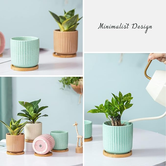 TAMAYKIM 4 Inch Cylinder Ceramic Boho Plant Pots with Drainage Hole and Saucer, Glazed Multicolor Flower Pots for Succulent, Snake Plant, Cactus and Herbs, Set of 4 (Plant Not Included)-Ruum Studio Home