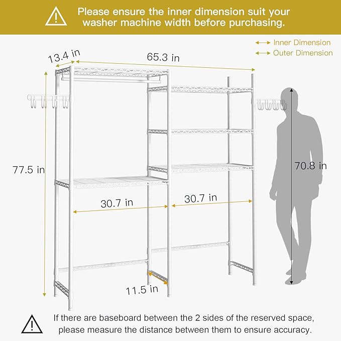 Ulif U6 Clothes Drying Rack, 5-Tier Over Washer and Dryer Laundry Room Storage and Organizer, Heavy-Duty Space Saver, 65.3" W x 13.4" D x 77.5" H, White-Ruum Studio Home