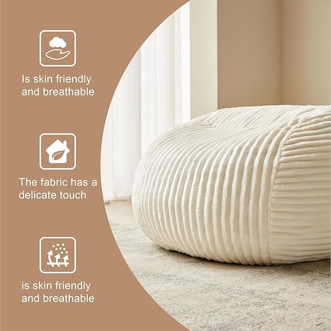 Premium Beige Bean Bag Chair for Adults with Armrest- Ultra Plush Memory Foam Lounge Sofa & Comfy Reading Nook Chair for Bedroom, Living Room & Dorm (White, 4FT)-Ruum Studio Home