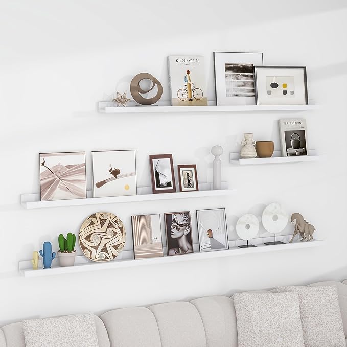 Solid Ash Wood Picture Ledge Shelf, 36 Inch Floating Shelves with Lip Set of 2, Photo Ledge Shelf Nursery Bookshelf Wall Mounted for Living Room Bedroom Decor, White-Ruum Studio Home