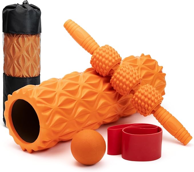 5 in1 Foam Roller Set, Trigger Point Foam Roller, Massage Roller Stick, Massage Ball, Resistance Band for Deep Muscle Massage Pilates Yoga,Fitness Exercise for Whole Body (Pure Orange)-Ruum Studio Home