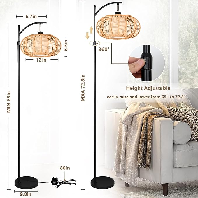 Arc Floor Lamps for Living Room Bedroom Rattan Boho Floor Lamp with Remote Control,Dimmable Led Standing Lamp Wicker Lamp Shade Rustic Tall Floor Lamp Modern Flower Lamp for Bedroom Corner-Ruum Studio Home