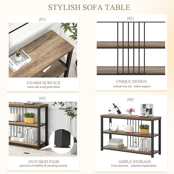 FOLUBAN Modern Sofa Table for Entryway, 3 Tier Narrow Console Table for Living Room Hallway Behind Couch, Rustic Oak-Ruum Studio Home