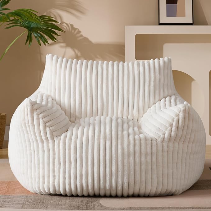 Giant Plush Bean Bag Chair for Adults with Armrests - Oversized Comfy Beige Beanbag Lounge Lazy Floor Sofa Accent Chair for Living Room, Bedroom & Dorm, Cozy Fluffy Single Cloud Mini Couch-Ruum Studio Home
