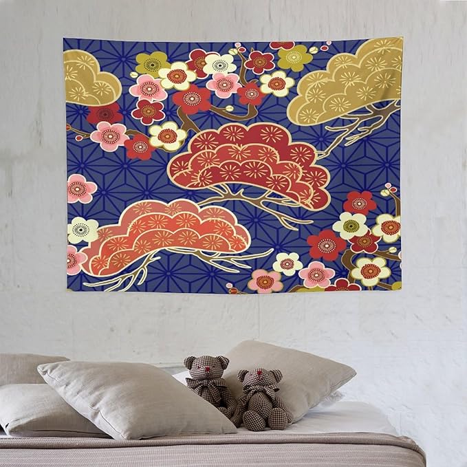 HZOHNAGO Japanese Tapestry Art Abstract Colorful Cherry Blossom Blue Background Pattern Printed Wall Tapestry Painting Wall Hanging for Bedroom Living Room Dorm 40" W x 30" H-Ruum Studio Home