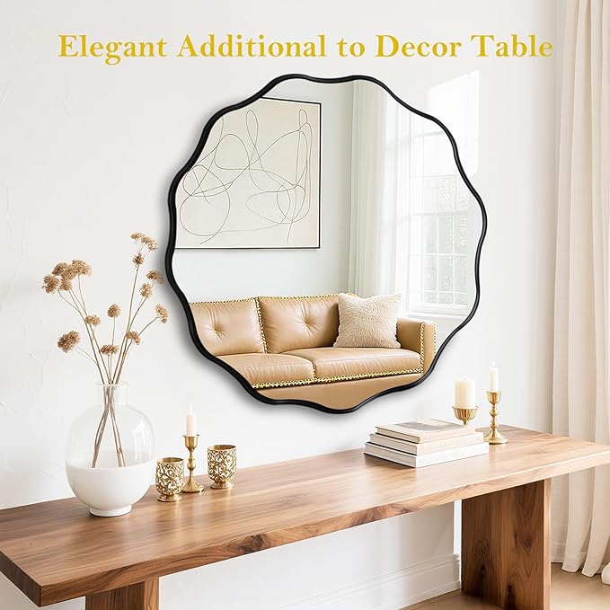 Fabuady Black Round Wavy Edge Mirror - 30'' Circle Wall Mirror with Metal Frame, Decorative Hanging/Leaning Mirror for Bathroom, Bedroom, Living Room, Hallway, Entryway, Office, Home Decor-Ruum Studio Home
