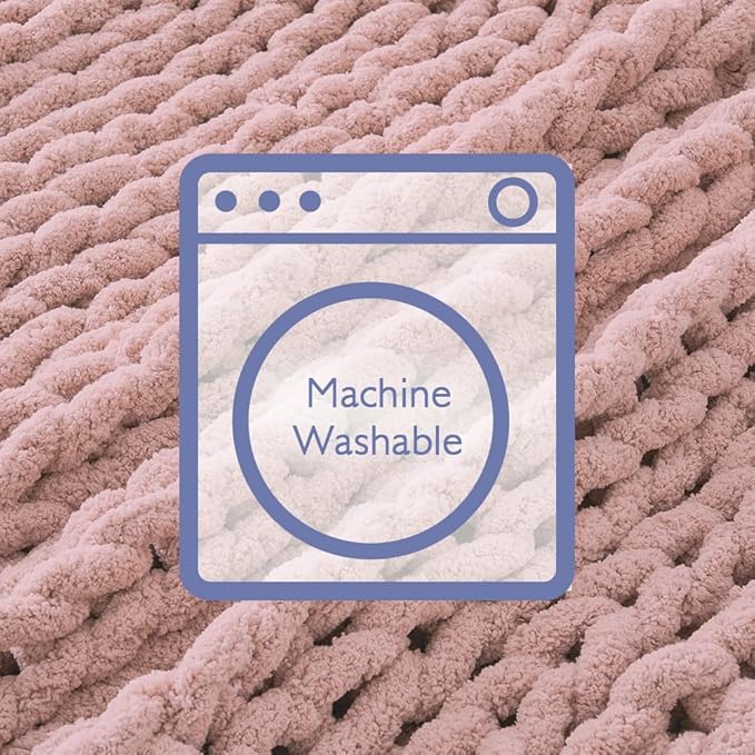 Bigacogo Chunky Knit Throw Blanket for Couch, 51x63 inches, 100% Hand Knitted with Thick Jumbo Chenille Yarn, Cozy Soft Large Rope Knot Cable Crochet Blankets for Sofa Bed Living Room, Dusty Pink-Ruum Studio Home
