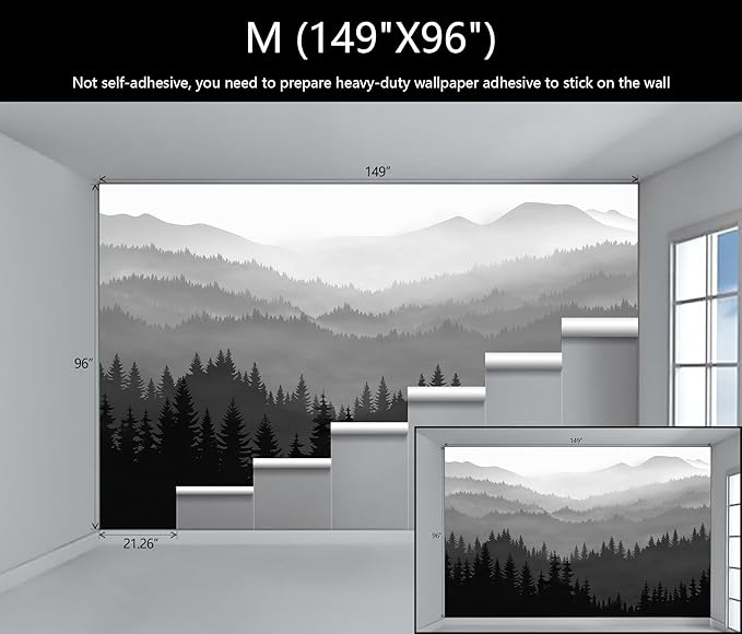 WFBHUA-Black and White Forest Mountain Wallpaper Gray Woodland Nature Landscape Wall Paper Mural for Bedroom Living Room(Not Peel and Stick)-Ruum Studio Home
