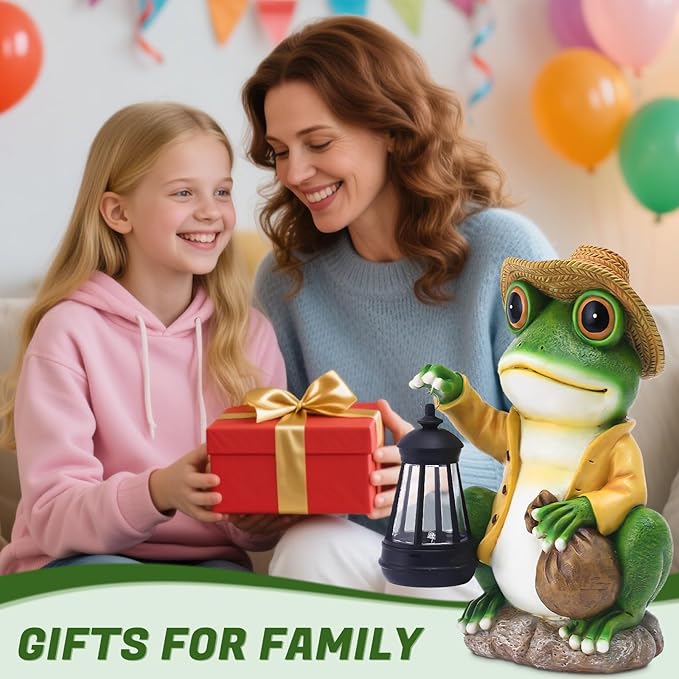 Large Frog Garden Statue, 13.3 Inches Tall, Resin Frog Decor with Solar Lantern for Outdoor Decoration and Housewarming-Ruum Studio Home