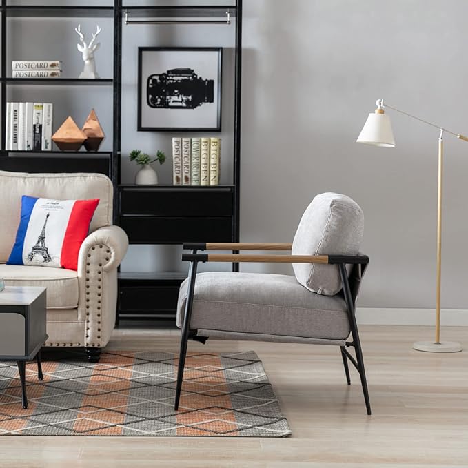 Mid-Century Accent Chair, Soft Armchair Chenille Fabric Lounge Chair with Black Metal Legs, Upholstered Leisure Chair for Living Room Bedroom Reception Room, 1PC, Grey-Ruum Studio Home
