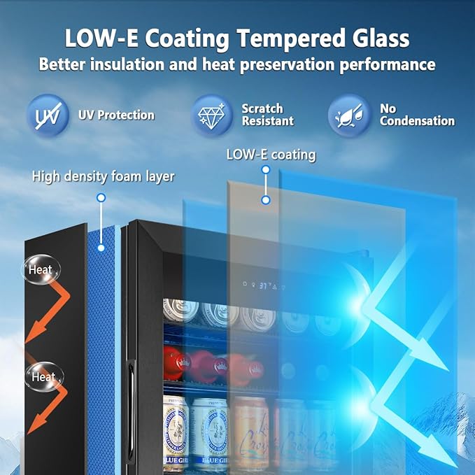Tylza 130 Can Beverage Refrigerator Cooler, 3.22 Cu.Ft Beverage Cooler with Low-E Glass Door, Safety Lock, Beverage Fridge for Soda, Beer, Wine, Mini Fridge for Home, Office, Bar, Bedroom, Black-Ruum Studio Home