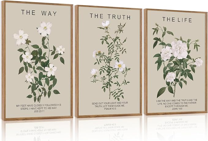 Aurlan The Way The Truth The Life Bible Verse Framed Wall Art(16"x24"), 3PCS Boho Christian Scripture Canvas Artwork, Large Floral Botanical Job 23:11 Psalm 43:3 John 14:6 Decor for Home Bedroom-Ruum Studio Home