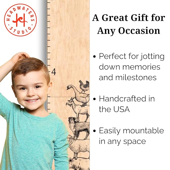 Wooden Growth Chart – Kids Height Chart, Wall Measurement for Kids, Height Chart for Wall, Growth Ruler for Children – Farm Animals, Natural - 63" x 6.7"-Ruum Studio Home