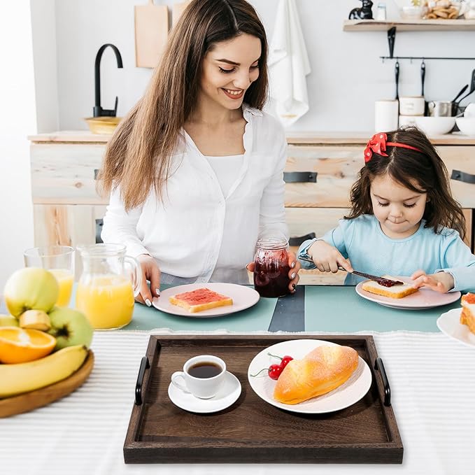 2 Pcs Rustic Wooden Serving Trays with Handle Decorative Nested Vintage Wood Serving Tray Stylish Farmhouse Decor Servings Platters for Eating, Breakfast(Large 15.8x11.8x1.2 in, Small 13.4x9.4x1.2 in)-Ruum Studio Home