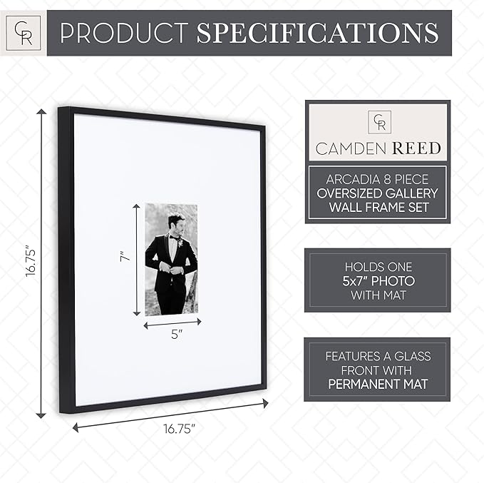 Camden Reed Arcadia 8 Piece Oversized Gallery Wall Frame, 16x20 and 16x16 Inch Matted Frames for Featuring 8x10 and 5x7 Inch Photographs or Art Prints, Black Finish-Ruum Studio Home