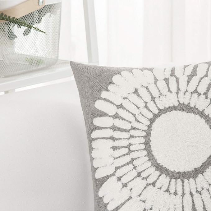 HWY 50 Grey Gray Decorative Throw Pillow Covers 18x18 Inch, Pack of 2 Embroidered Cotton Farmhouse Cushion Cover Pillow Case for Sofa Couch Living Room Bed Bedroon, Sunflower Design-Ruum Studio Home