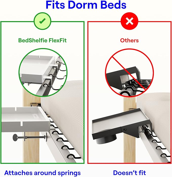 BedShelfie Bedside Shelf for Bunk Bed & Top Bunk, College Dorm Room Essentials, Loft Nightstand, Floating Bed Side Table Tray Storage, Dorm Room Decor by Smallish - (Flexfit Model, White)-Ruum Studio Home
