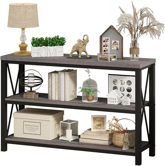 BON AUGURE Rustic Sofa Table Behind Couch, Industrial Console Tables for Entryway, 3 Tier Wood Shelves Entry Table with Storage for Foyer, Hallway, Front Door (47 Inch, Dark Grey Oak)-Ruum Studio Home