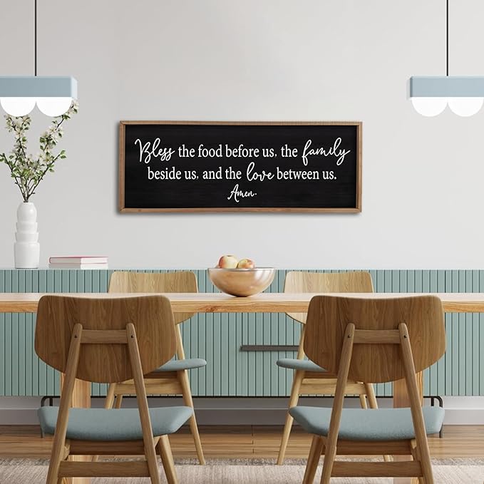 Bless the Food Before Us Sign Wall Decor 40"X15" Large Farmhouse Dining Room Wall Decor Framed Wood Rustic Home Wall Art Kitchen Decoration (Wood Black)-Ruum Studio Home