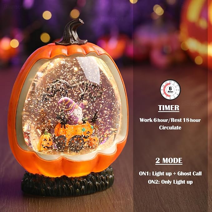 Halloween Snow Globe Pumpkin Halloween Decorations Indoor Gnome Black Cat Bat Swirling Glitter Timer-Ruum Studio Home