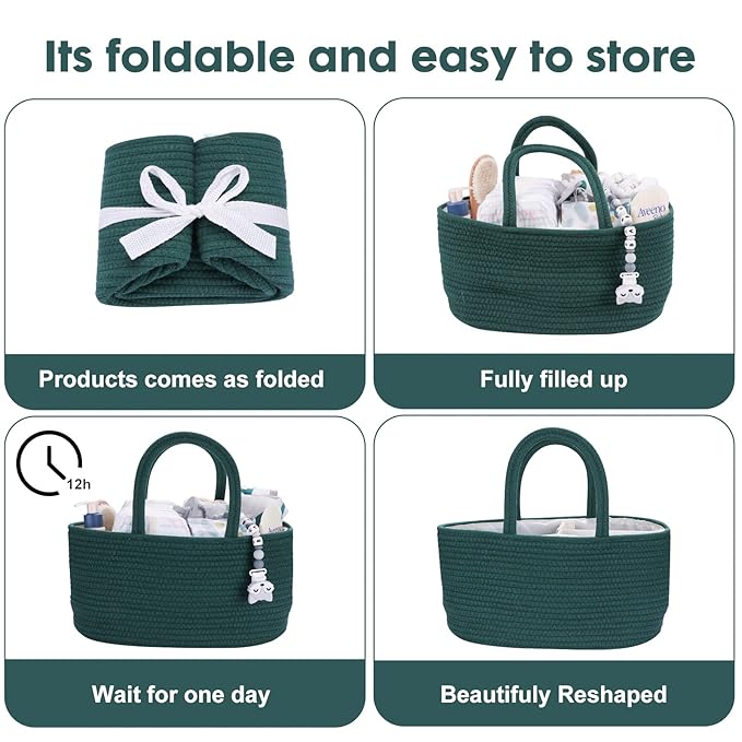 Baby Diaper Caddy Organizer for Girl Boy Rope Nursery Storage Bin Basket Portable Holder Tote Bag for Changing Table Car Travel Baby Shower Gifts Newborn Essentials Registry Must Have Items Dark Green-Ruum Studio Home