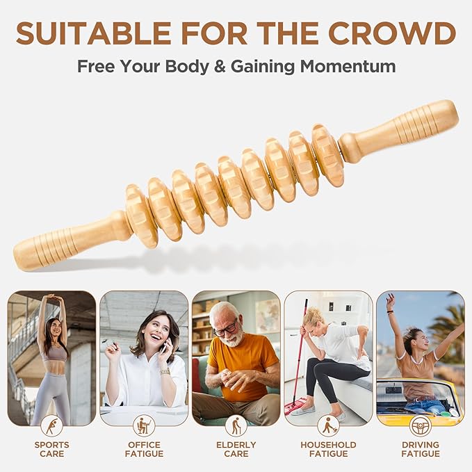 Wooden Cellulite Massage Roller for Legs and Thighs - Handheld Fascia Blaster Tool for Muscle Relief, Lymphatic Drainage & Body Sculpting - Anti Cellulite Massager for Women and Men (9 Wheel)-Ruum Studio Home