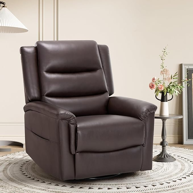 COLAMY Oversized Leather Recliner Chair, 360°Swivel Rocking Manual Recliner with Thick Cushioned Padding Backrest and Wide Seat - Darkbrown-Ruum Studio Home