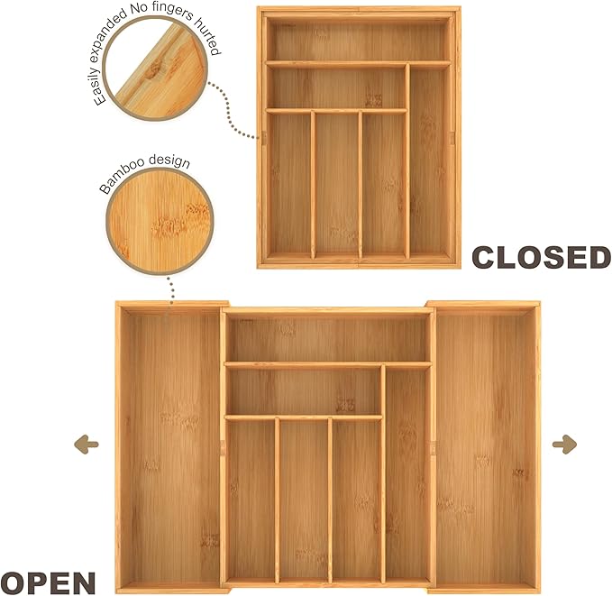 BAMEOS 3.9inch Tall Bamboo Drawer Organizer, Expandable Utensil Holder with 8 Compartments, Adjustable Kitchen Drawer Divider for Flatware, Silverware and Gadgets, Deep Storage for Home and Office-Ruum Studio Home