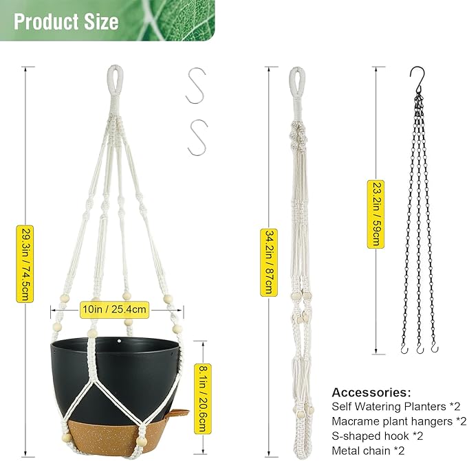 10 inch Self Watering Hanging Planters, 2 Pack Hanging Flower Pots for Indoor Outdoor Plants, Hanging Baskets with Drainage Holes & 2 Kinds of Plant Hangers for Garden Home Decor, Black Brown-Ruum Studio Home